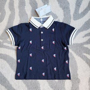 Navy Sailboat Jersey Polo Shirt with Embroideries 2T